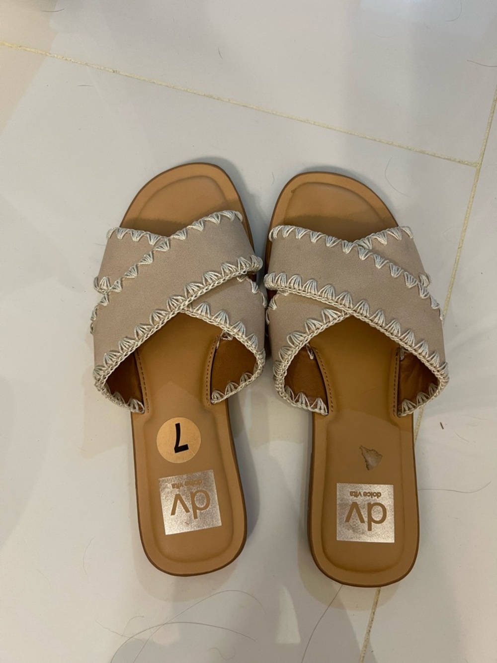 DV by Dolce Vita Beige Crisscross Slide Mules with Whipstitch Trim